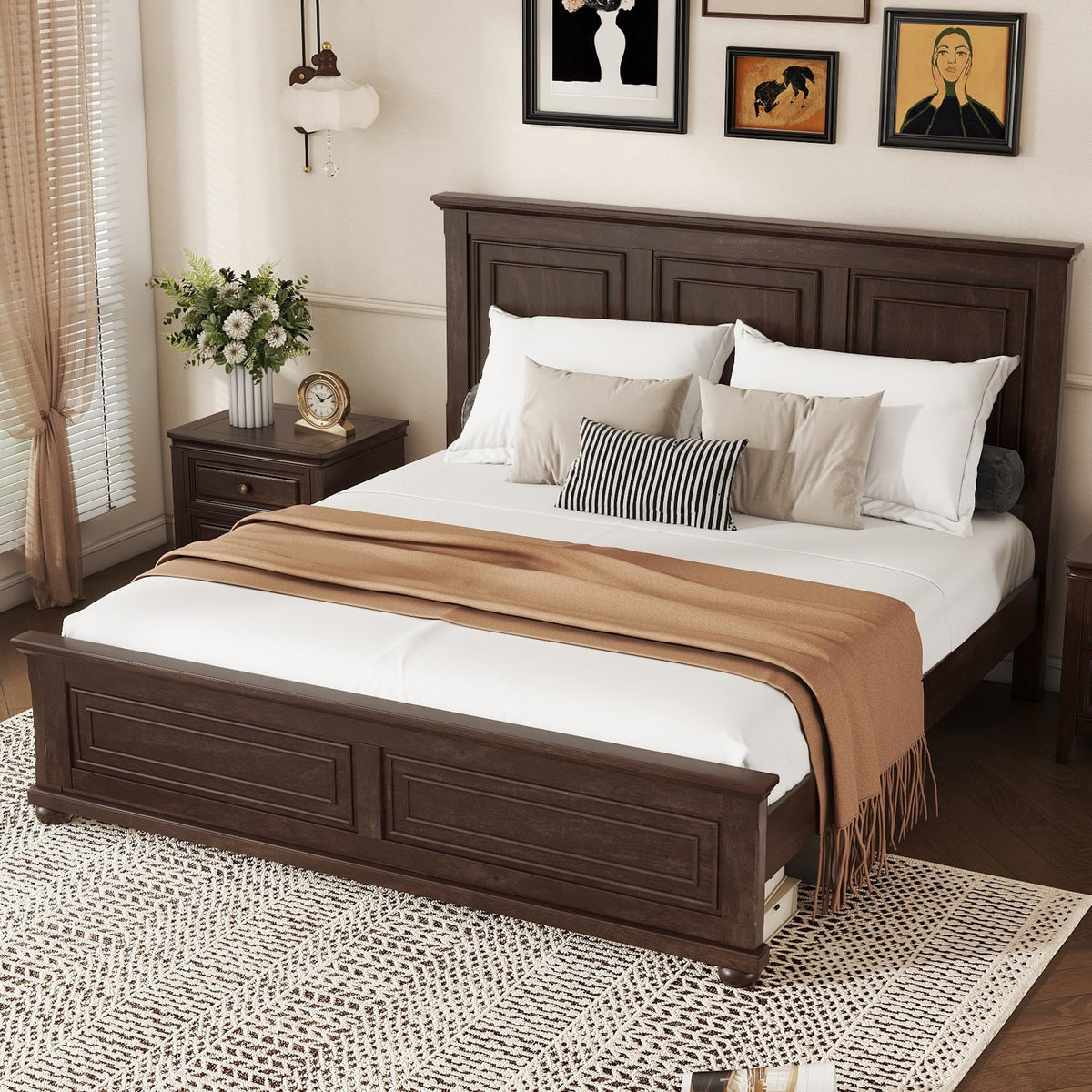 King Size Pinewood Platform Bed with Headboard and Footboard K89503
