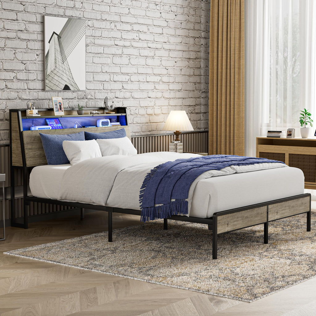 Queen Metal Platform Bed Frame with RGB Lights and Outlets F66210