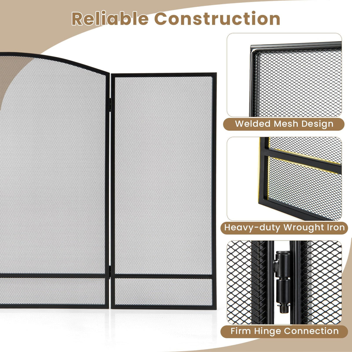 Black Wrought Iron 3 Panel Folding Fireplace Screen P694