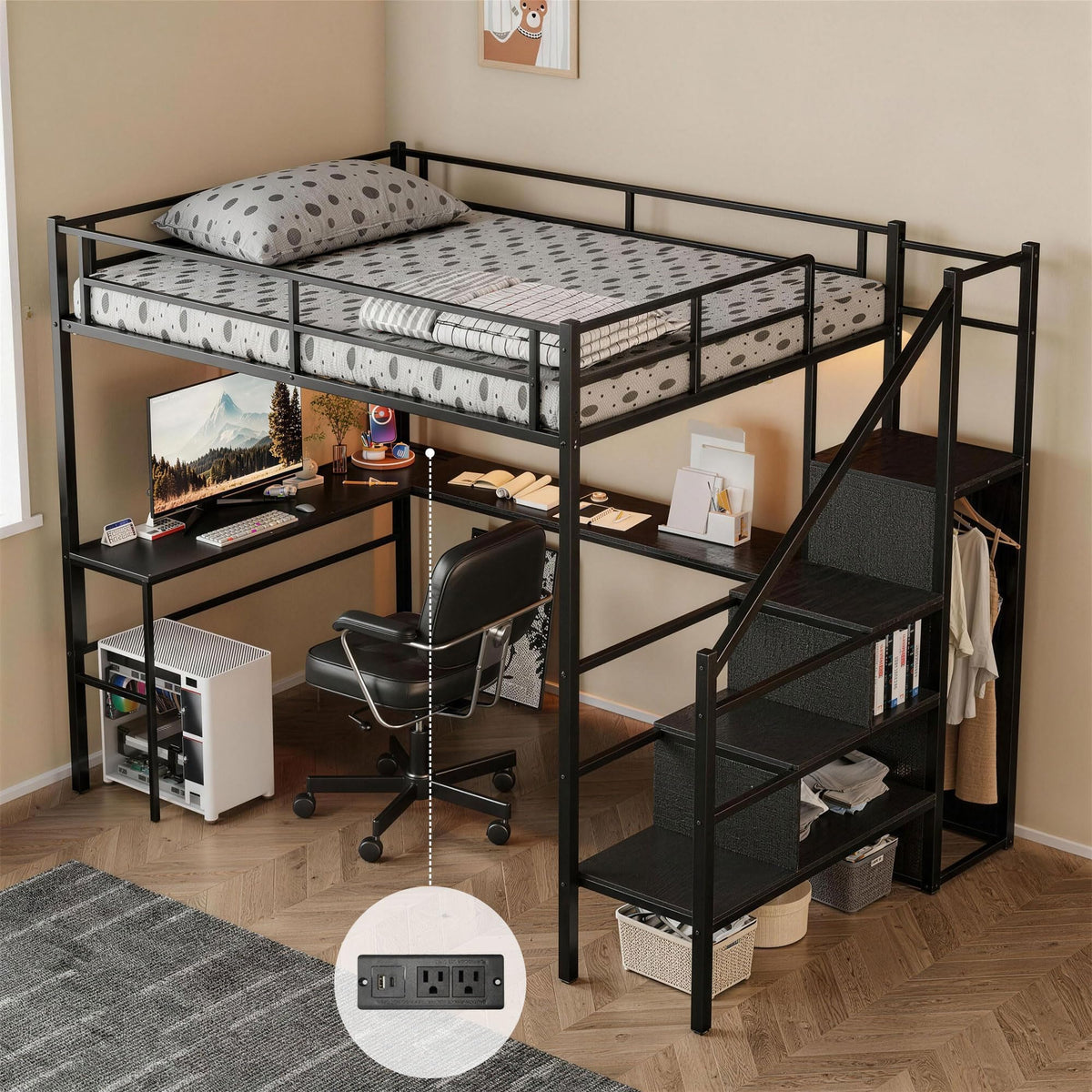 Full Size Metal Loft Bed with Desk & Storage Staircase F9973