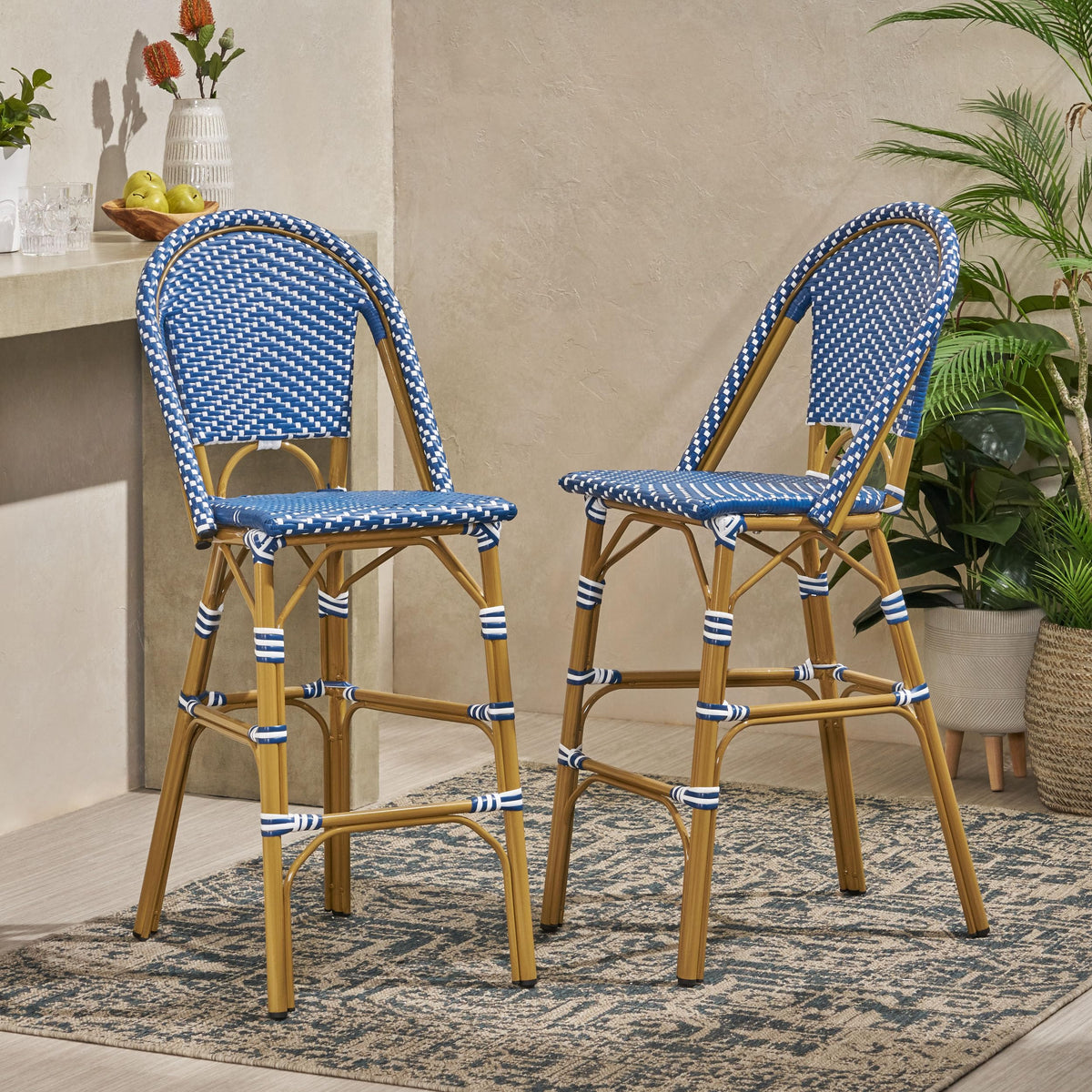 Dark Teal and White PE Rattan Bar Stool Set of 2 P48277