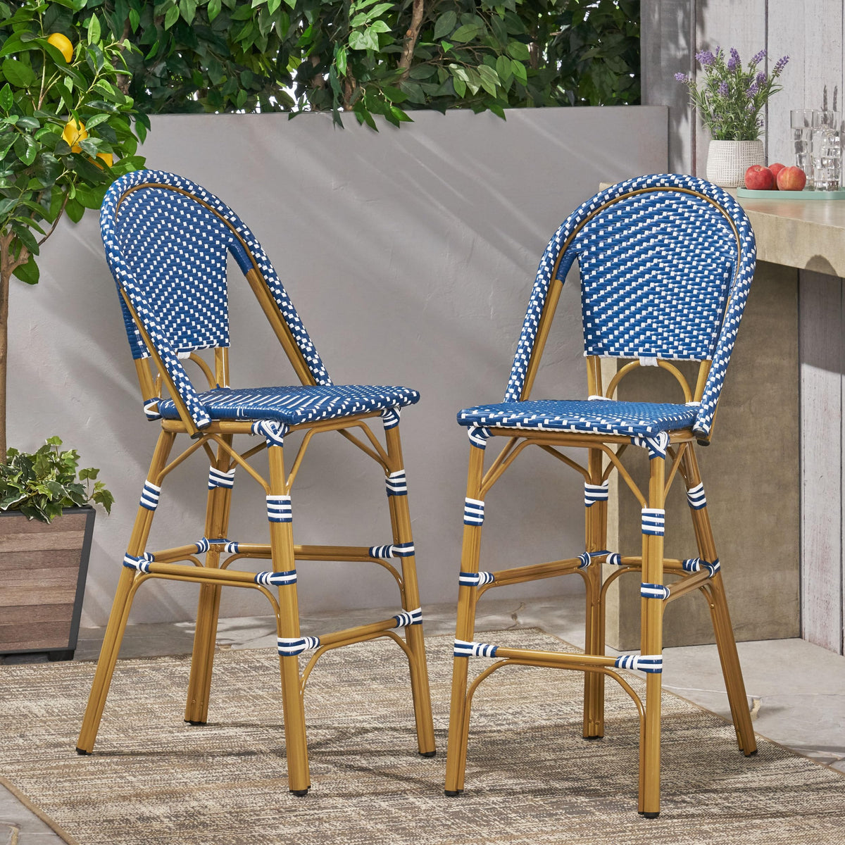 Dark Teal and White PE Rattan Bar Stool Set of 2 P48277