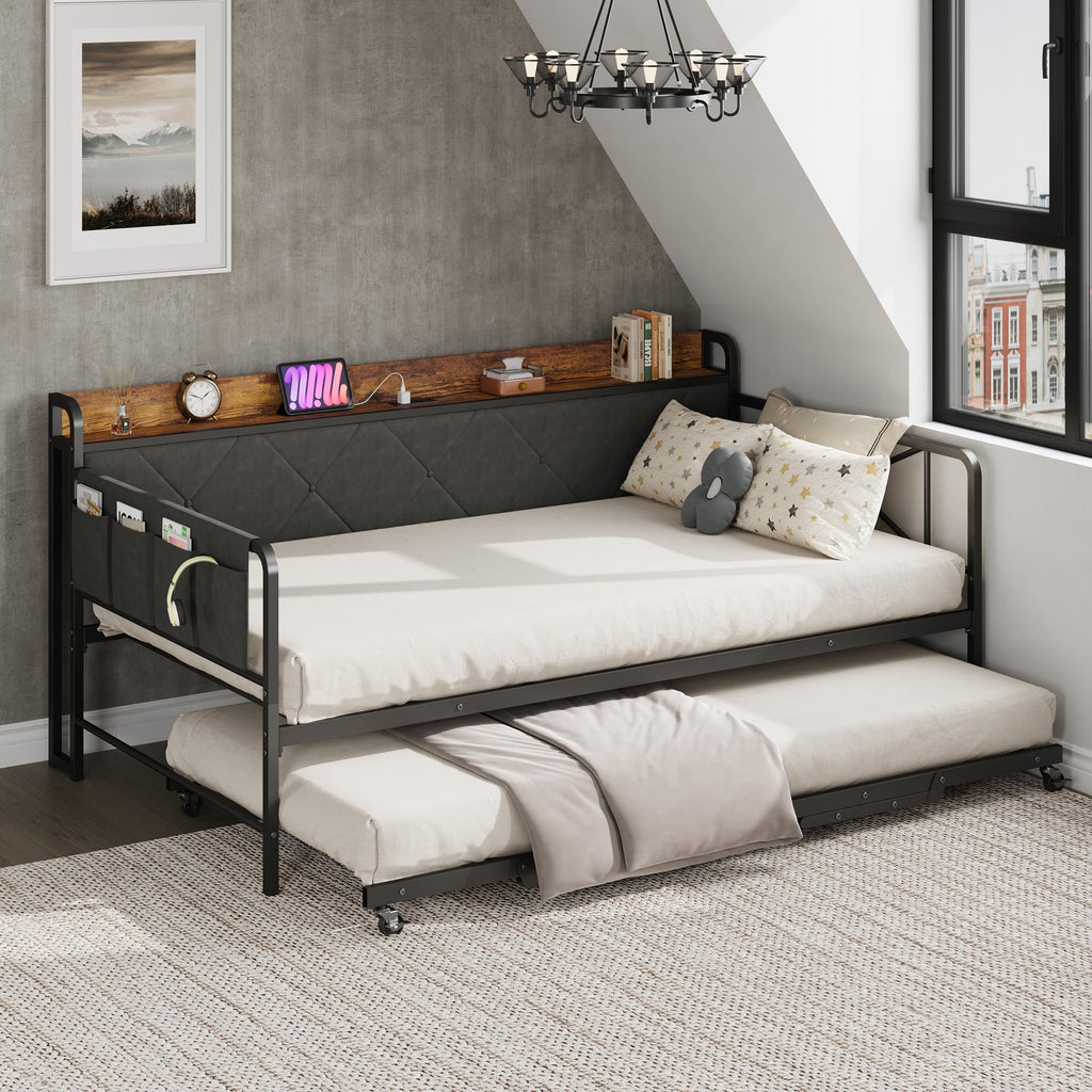Twin Daybed with Upholstered Headboard and Trundle, Black R428