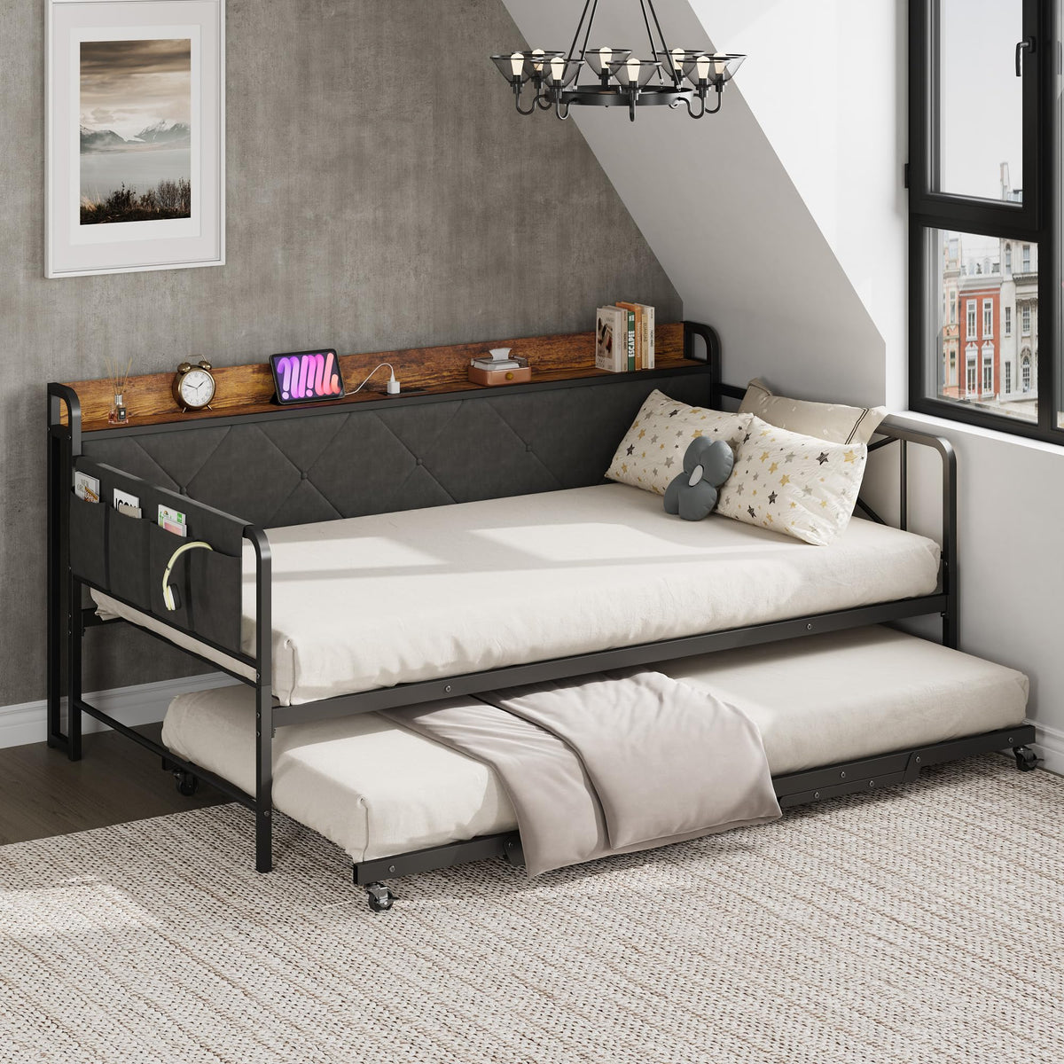 Twin Daybed with Upholstered Headboard and Trundle, Black R428