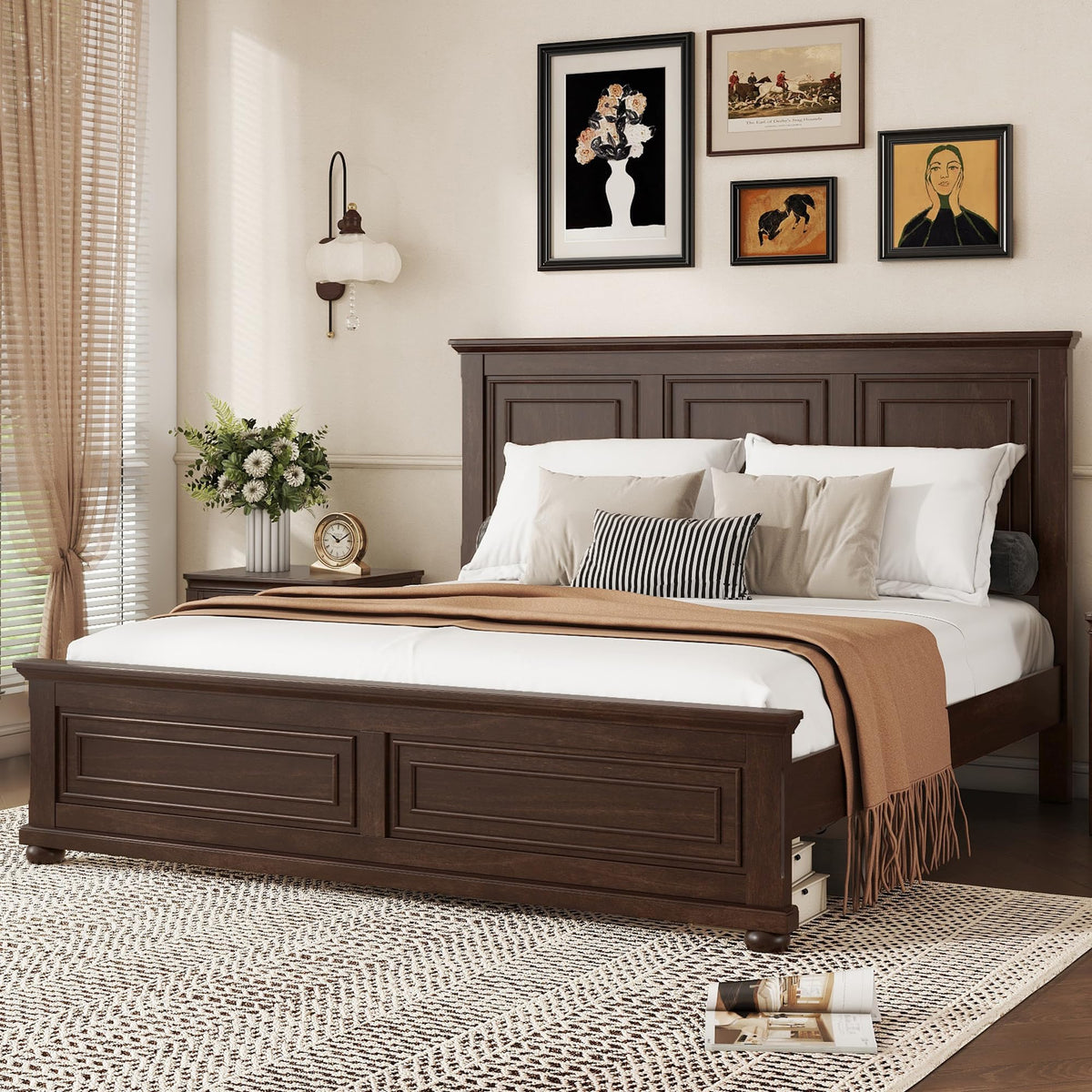 King Size Pinewood Platform Bed with Headboard and Footboard K89503